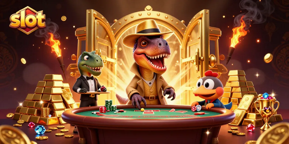 Experience thrilling slot action with a velociraptor card counter and stegosaurus pit boss amid treasures.