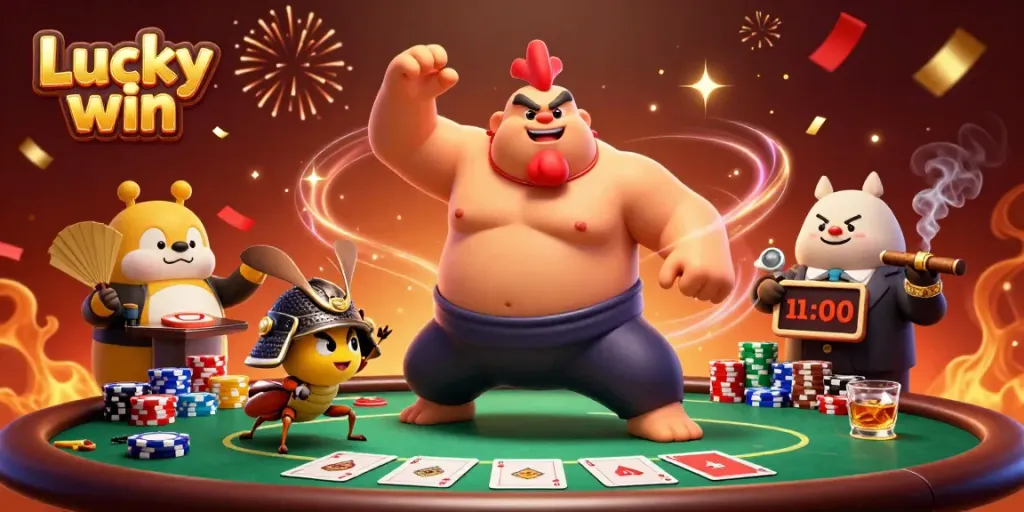 Experience vibrant gaming action with Lucky win as characters celebrate on a dynamic poker scene.