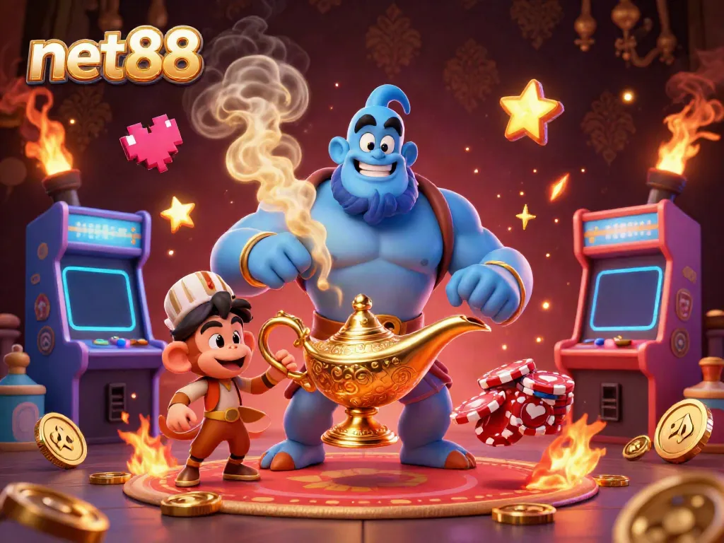 Engage with net88's exciting casino adventure featuring the lively genie, monkey, and casino elements!