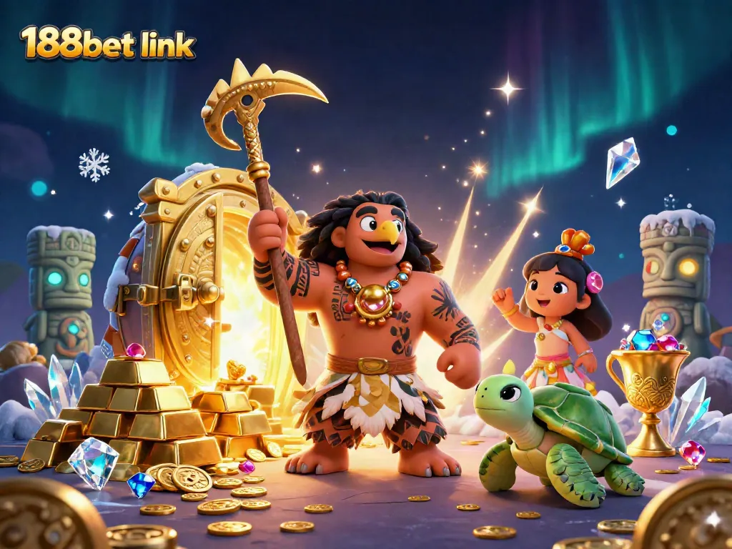 Experience the thrill of gaming with the vibrant 188bet link illustrated in a 3D scene filled with treasures.