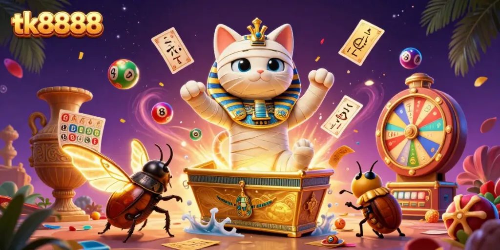 Experience excitement with tk8888 in a vibrant 3D casino scene featuring dynamic gaming elements and characters.