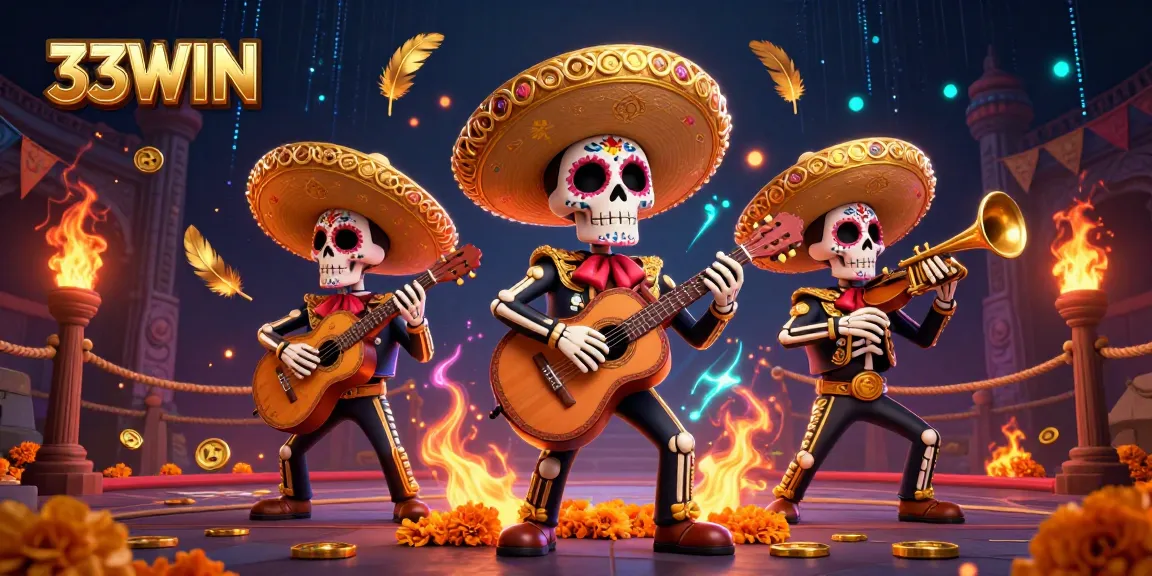 Experience thrilling gameplay at 33WIN with a vibrant casino scene featuring a lively mariachi band and dynamic game elements.