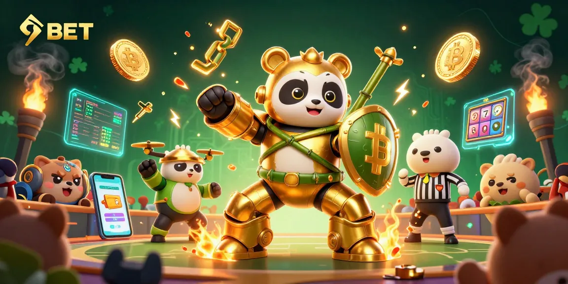 Engage in thrilling gameplay with 9BET in this lively 3D casino scene featuring crypto elements.