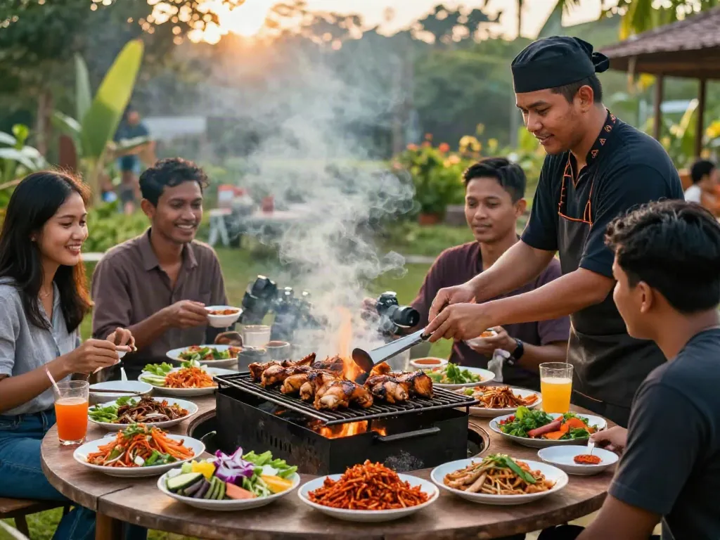 Delicious grilled chicken and sambal rawitan showcase by rokok88, surrounded by fresh ingredients in a festive barbecue setting.