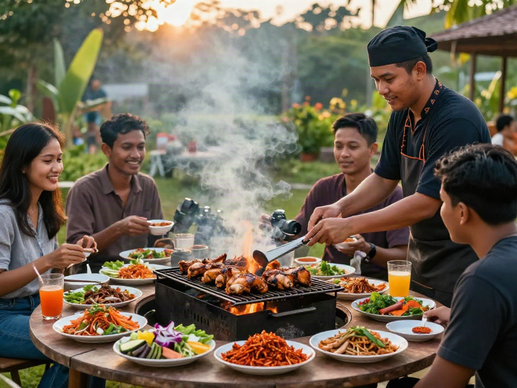 Delicious grilled chicken and sambal rawitan showcase by rokok88, surrounded by fresh ingredients in a festive barbecue setting.