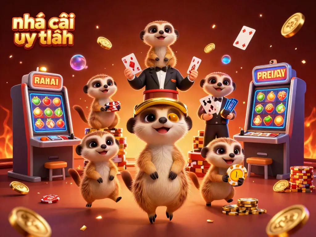 Join the fun at nhà cái uy tín featuring meerkats in a bustling casino scene with vibrant games.