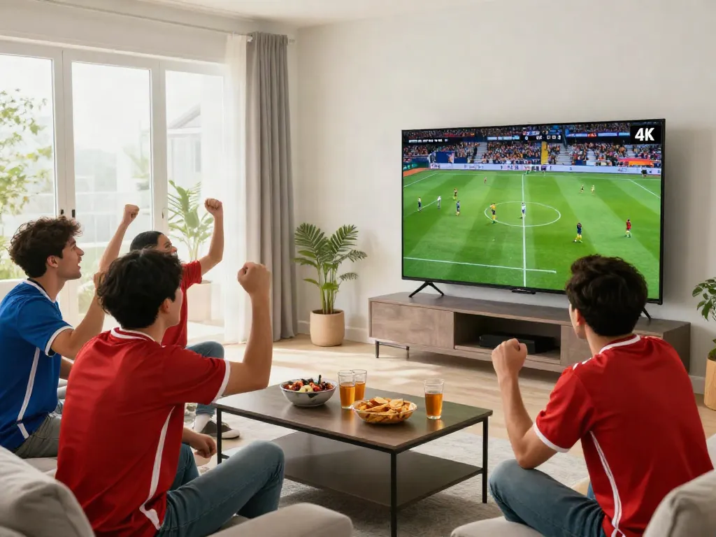 Friends cheering while watching a live match on gavangtv.study in a vibrant living room.