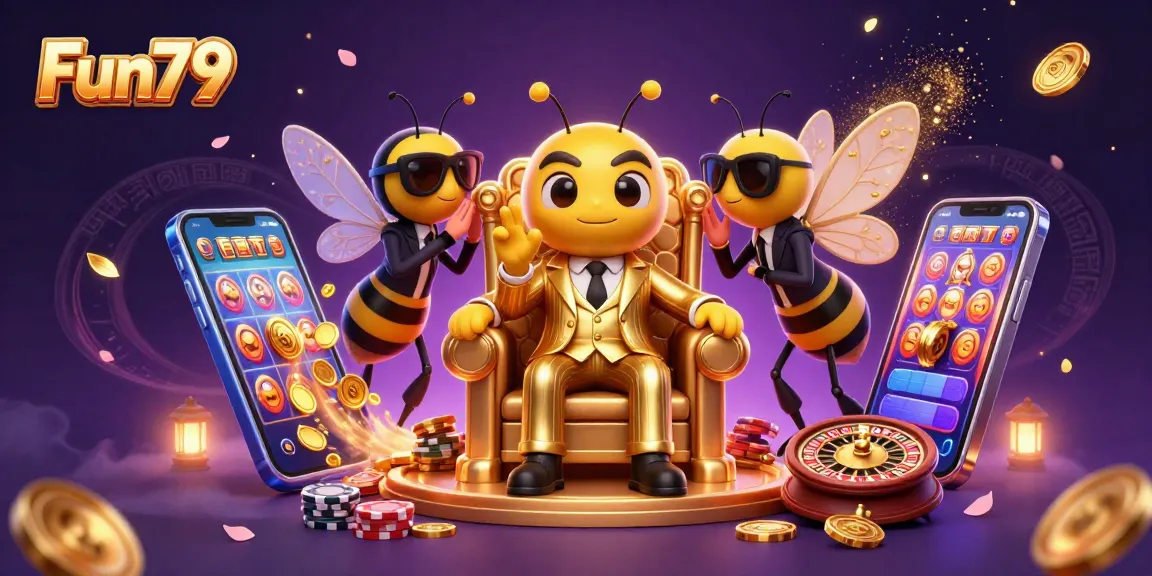 Spin to win at Fun79 with a lively casino scene featuring characters and joyous game elements.