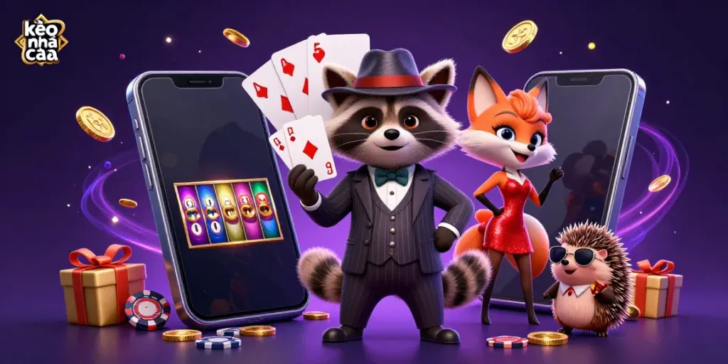 Engage with the kèo nhà cái scene showcasing a raccoon, fox, and hedgehog in a vivid 3D casino setting, winning with a royal flush.