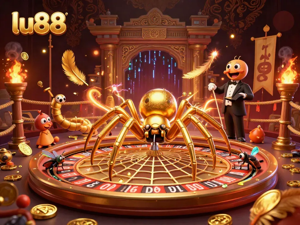 Witness lu88's thrilling roulette action featuring a golden spider as the croupier, in a vibrant casino scene.