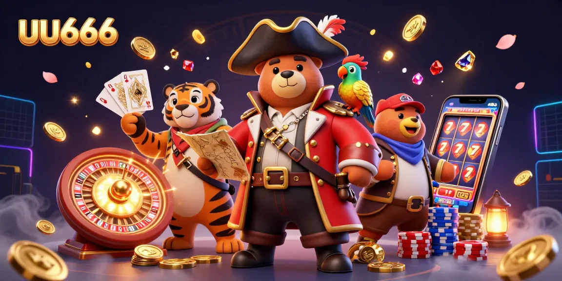 Play slots and win with uu666, explore treasure with 3D cartoon pirate characters in a vibrant casino scene.