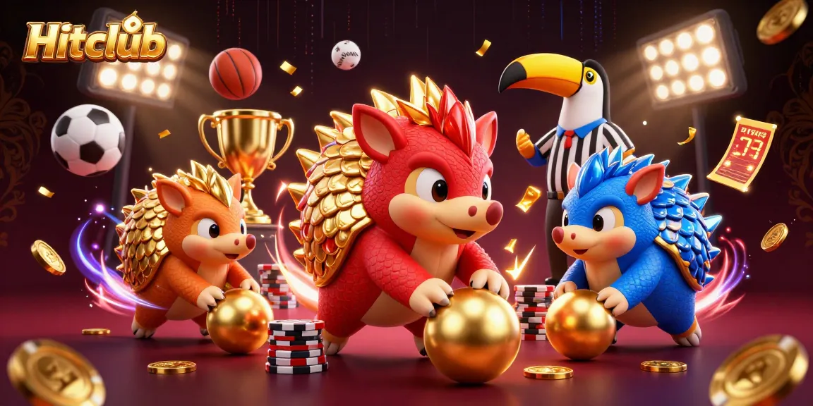 Hitclub pangolins battle it out with poker chips and sports elements in a dazzling casino-themed scene.