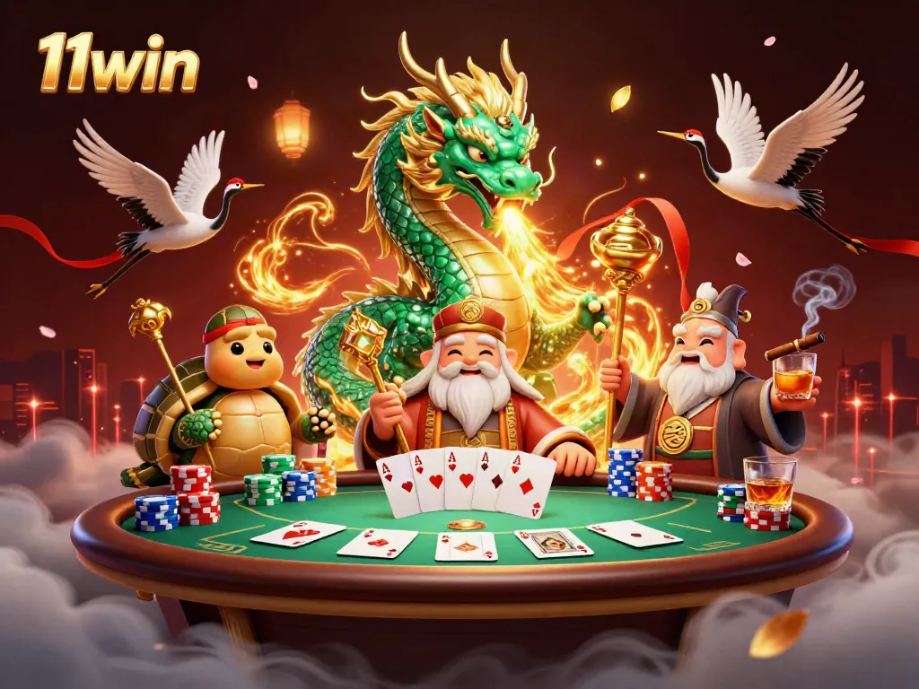 Engage with 11win in this vibrant casino scene featuring a dragon, turtle sage, and poker elements.