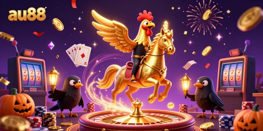 Experience thrilling moments at au88 with a golden rooster in a vibrant casino scene, surrounded by festive elements.