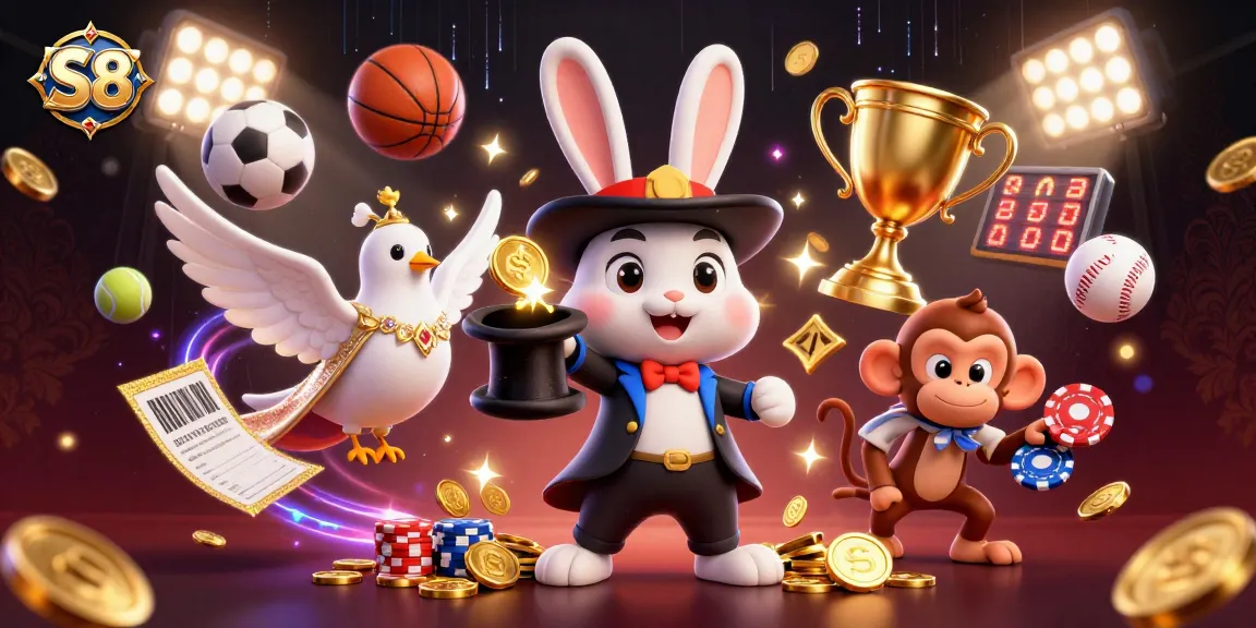 S8 casino showcases a magician rabbit pulling gold coins, thrilling sports elements in a vibrant 3D scene.