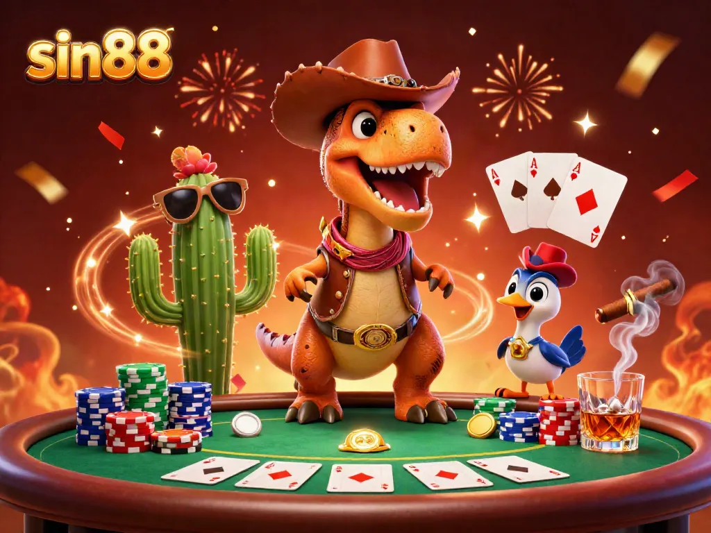 Engage with sin88's vibrant casino world, featuring a cartoon dinosaur and poker elements.
