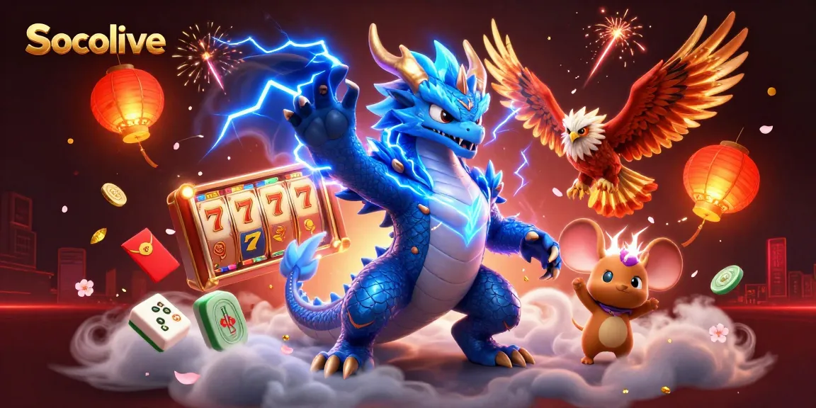 Socolive engages players with an electrifying 3D casino scene featuring dynamic slot reels and thrilling characters.