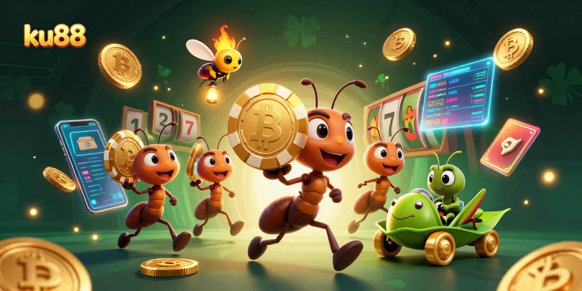ku88 game illustration featuring animated ants heist, Bitcoin coins, and casino elements