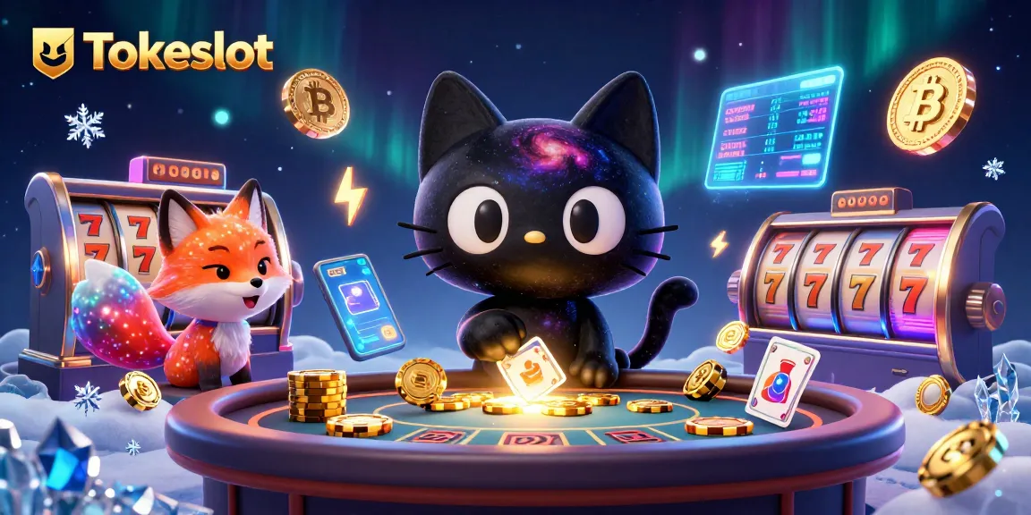 Tokeslot players spin to win with a cosmic cat pulling in chips and slot reels, showcasing jackpot excitement.