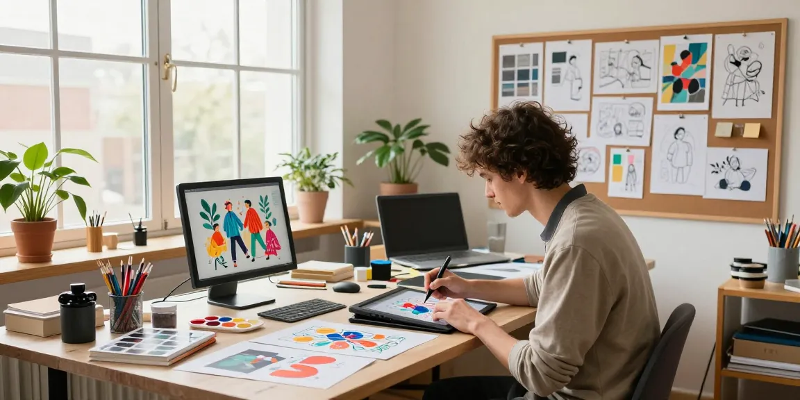 ROKOK88 creative studio scene with designer illustrating project surrounded by sketches and art supplies.