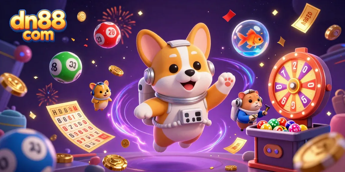 Experience the excitement at dn88 com with vibrant lottery and casino elements floating in space.