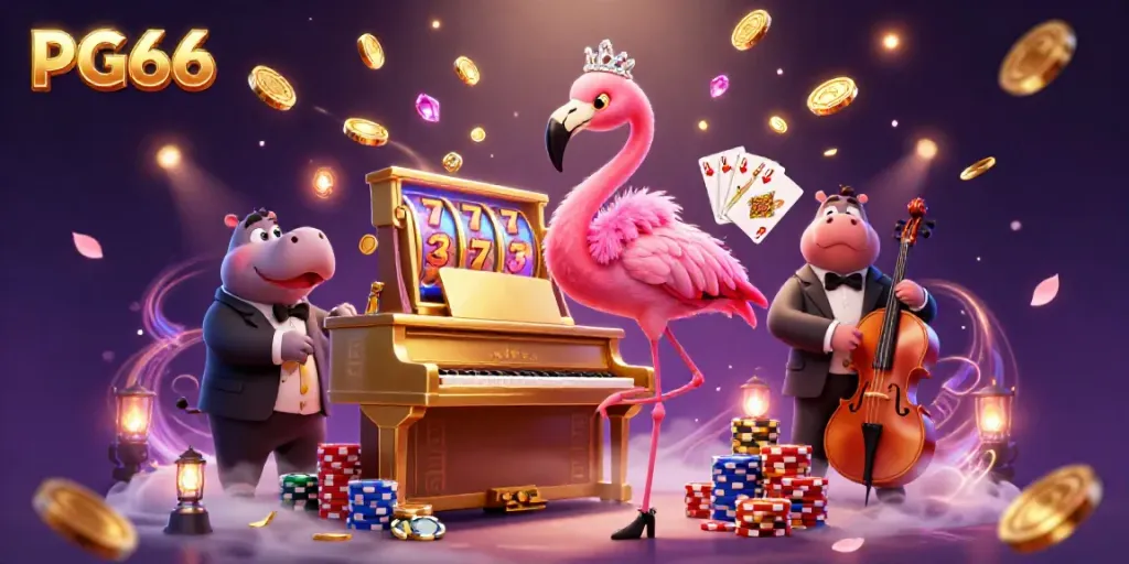 Experience PG66's vibrant casino atmosphere with colorful characters and dynamic game elements.