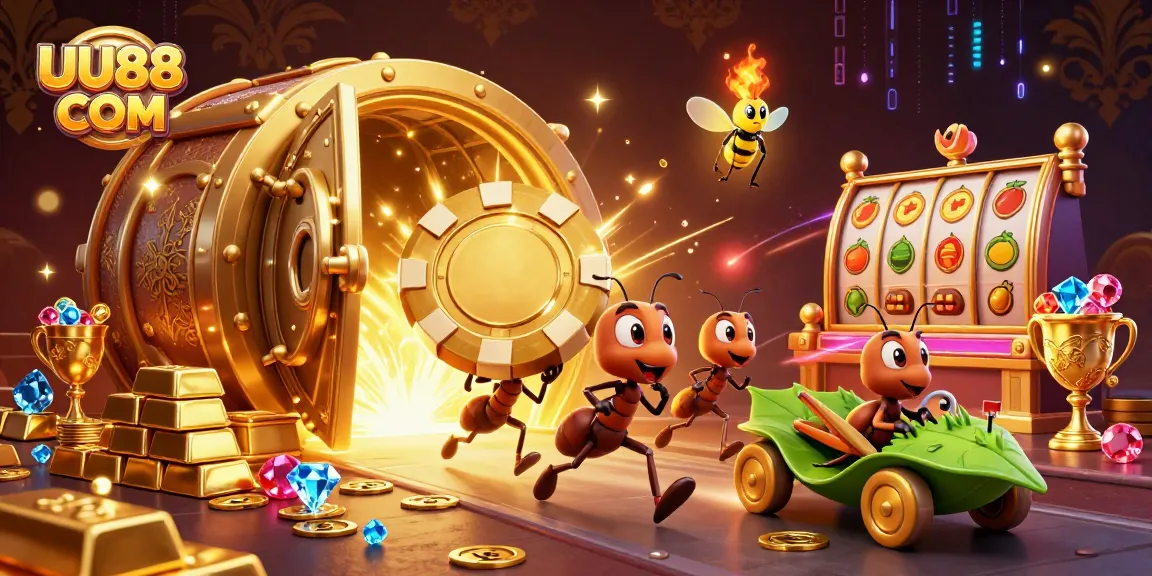 Experience thrilling wins at UU88 COM with this vibrant 3D heist scene featuring ants and poker elements.