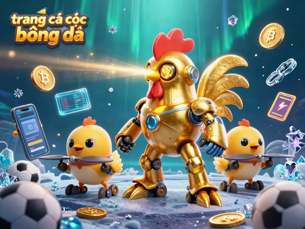 Trang cá cược bóng đá với robot gà vàng và các yếu tố cá cược hấp dẫn.