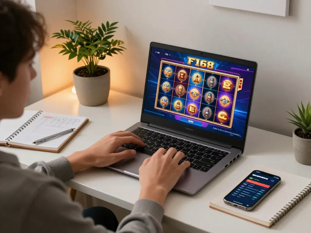 Player enjoying F168 online casino games on laptop in cozy home office setting.