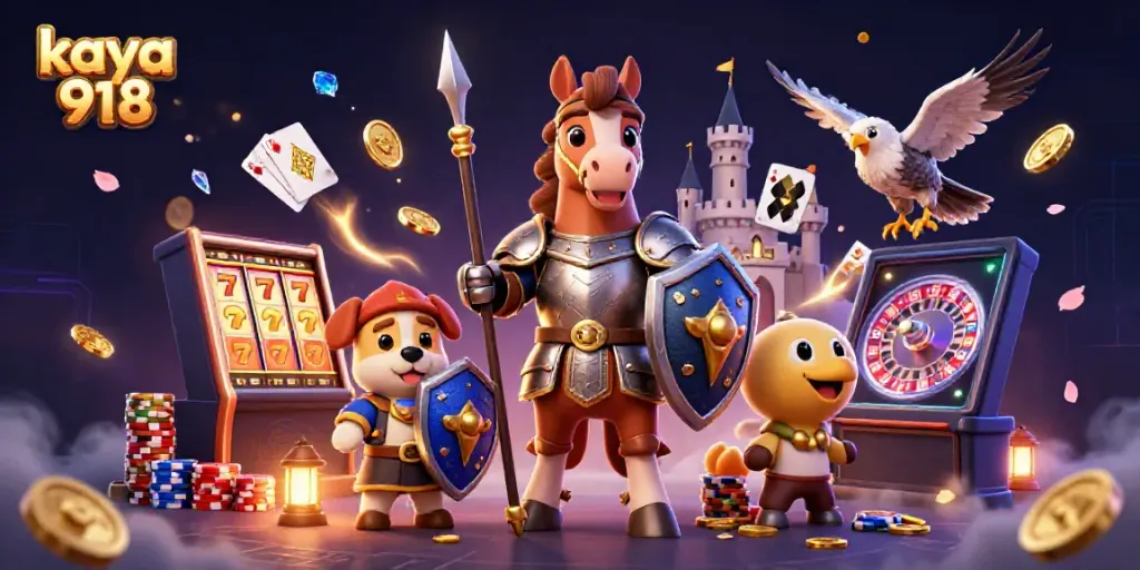Experience the thrilling kaya 918 casino adventure with medieval characters amidst cascading coins and slot machines.