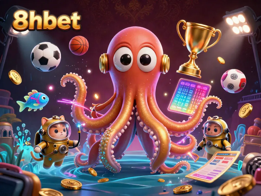 8xbet showcases a dynamic scene with a golden kraken, diving cat, and sports balls to highlight online gaming excitement.