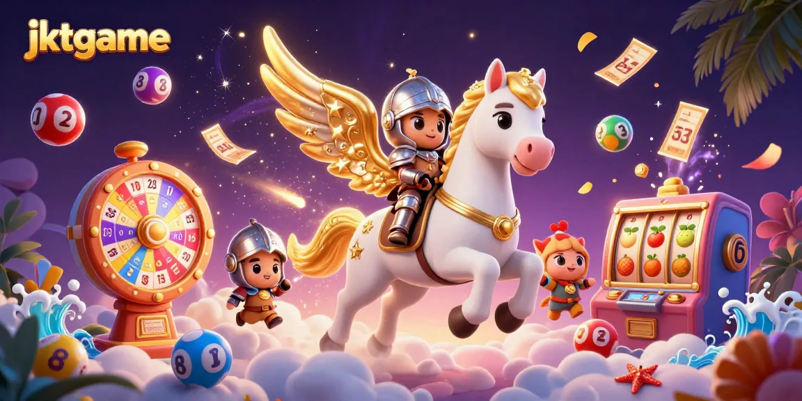 Menang besar dengan slot menarik jktgame saat seorang kesatria menunggang kuda surgawi dalam suasana kasino yang berwarna-warni.