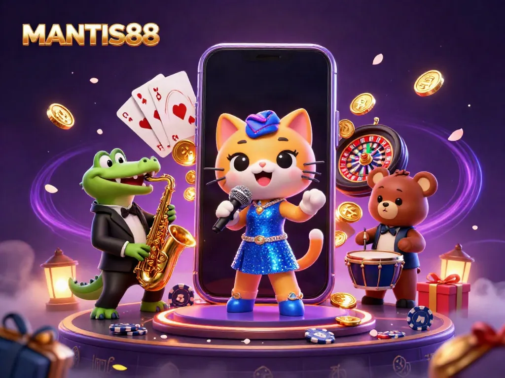 MANTIS88 offers vibrant casino entertainment featuring a jazz-singer cat, saxophone crocodile, and drum-playing bear.