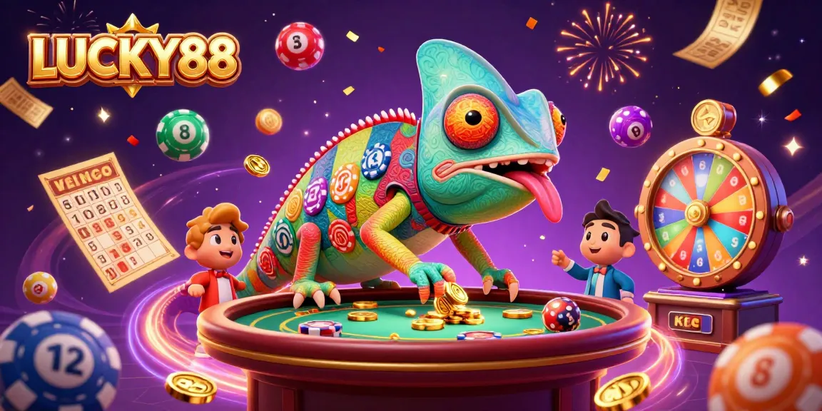 LUCKY88 chameleon casino owner amidst dynamic lottery and casino elements in a vibrant scene