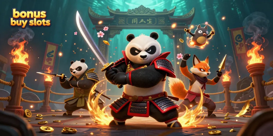 Engage with bonus buy slots, exploring a dynamic 3D scene with panda samurai and fox ninja.