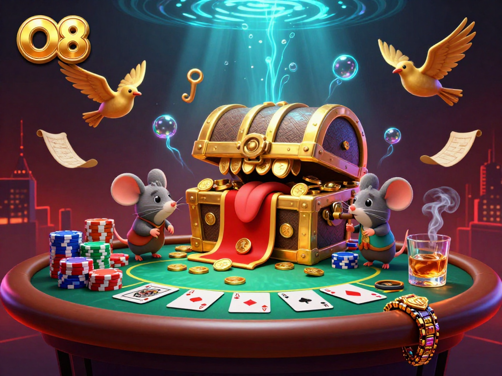 Experience the thrill of O8 with this engaging 3D casino scene showcasing poker elements and vibrant characters.
