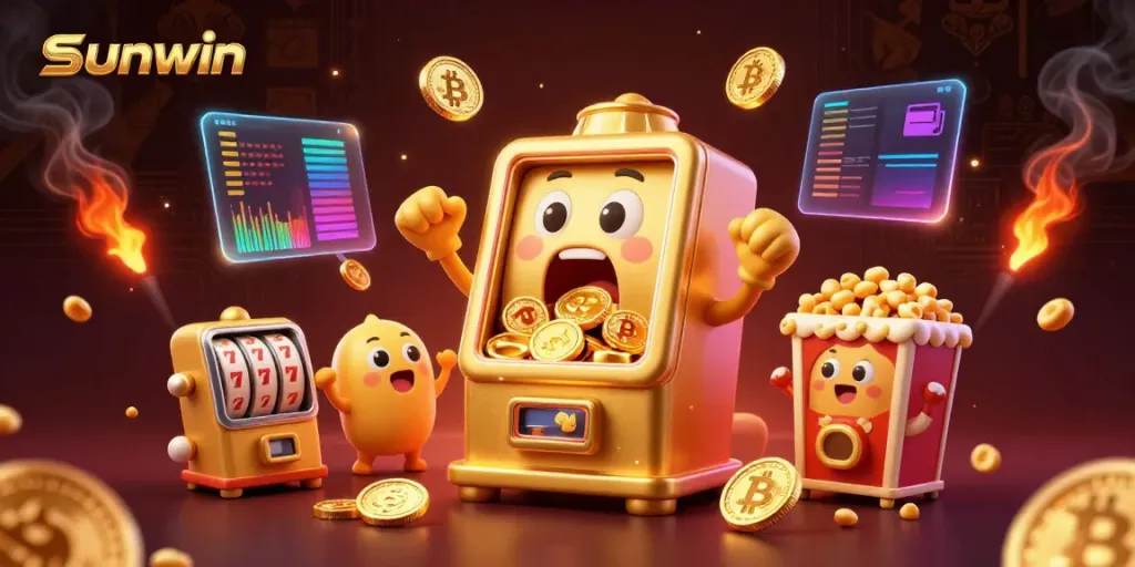 Experience sunwin thrills as a golden slot machine hits jackpot amid vibrant gaming elements.