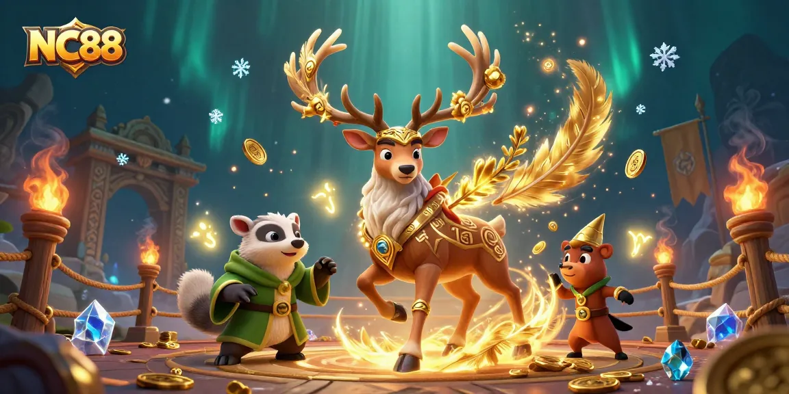 Engage with NC88's vibrant casino experience illustrated by a Celtic stag, badger, and magical lights.