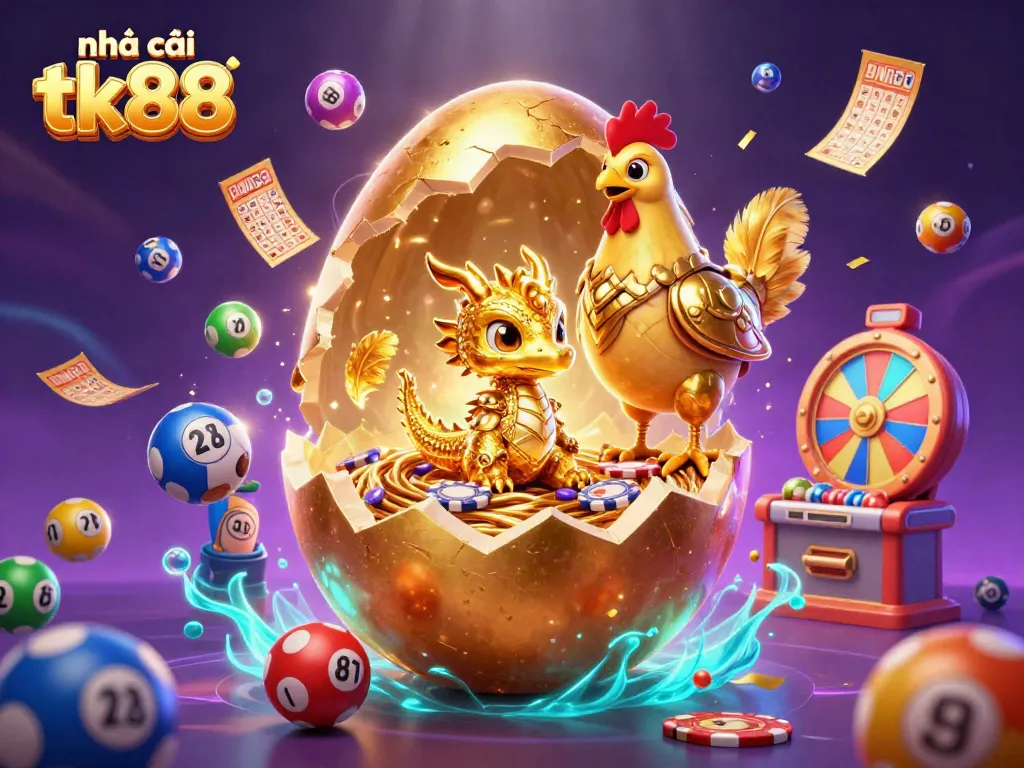 Engage with Nhà cái tk88 through a mesmerizing 3D scene featuring a golden dragon and poker chips, surrounded by lottery elements.