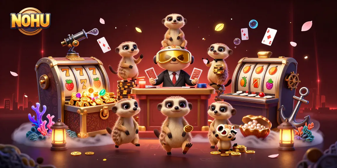 Engage in thrilling NOHU casino action with meerkats managing an exciting slot game.