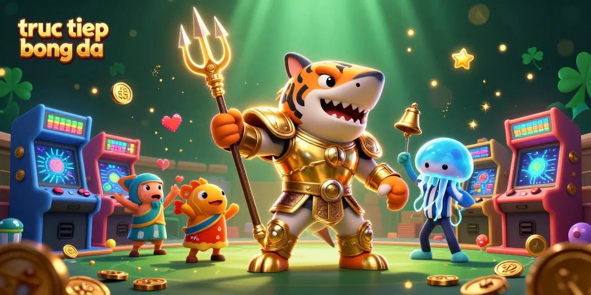 Experience truc tiep bong da with a vibrant underwater scene featuring a shark gladiator amid arcade elements.