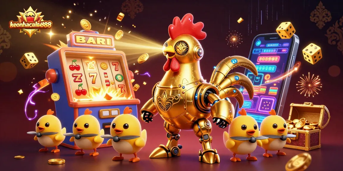 Engage with keonhacaibet888 in a vibrant visual of robots, slot machines, and gold treasures.