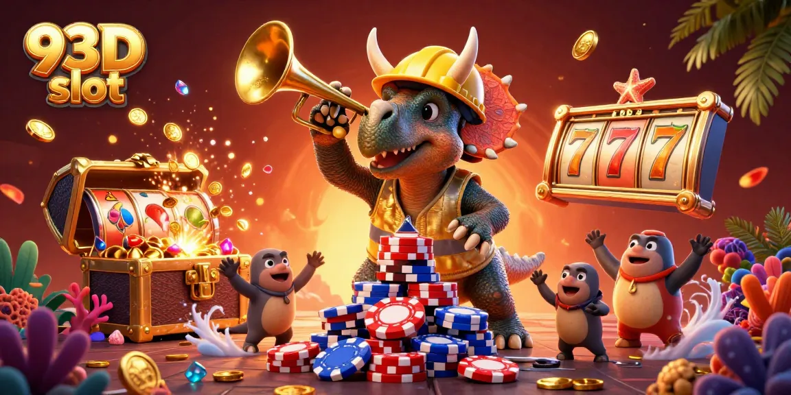 Experimente a adrenalina dos slots 93D, com um tricerátopo construindo pirâmides de fichas ao lado de um parasaurolófico festivo.