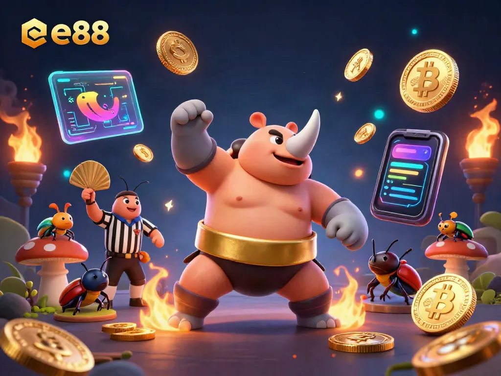 Experience ee88's exciting gaming atmosphere with a sumo champion beetle and golden coins flying.