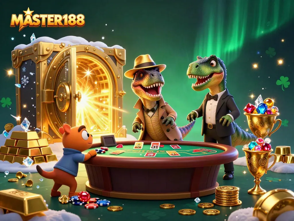 Engaging scene of MASTER188 with a velociraptor card counter at a blackjack table, surrounded by treasures and casino elements.