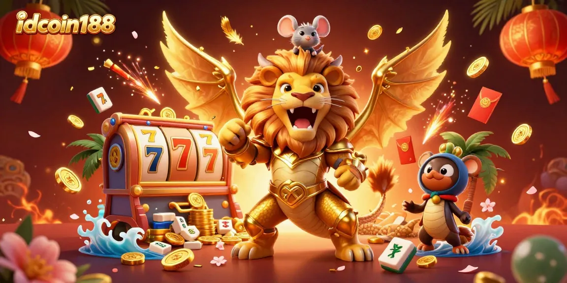 Experience thrilling gameplay with idcoin188 featuring a golden chimera, slots, and lively casino elements.