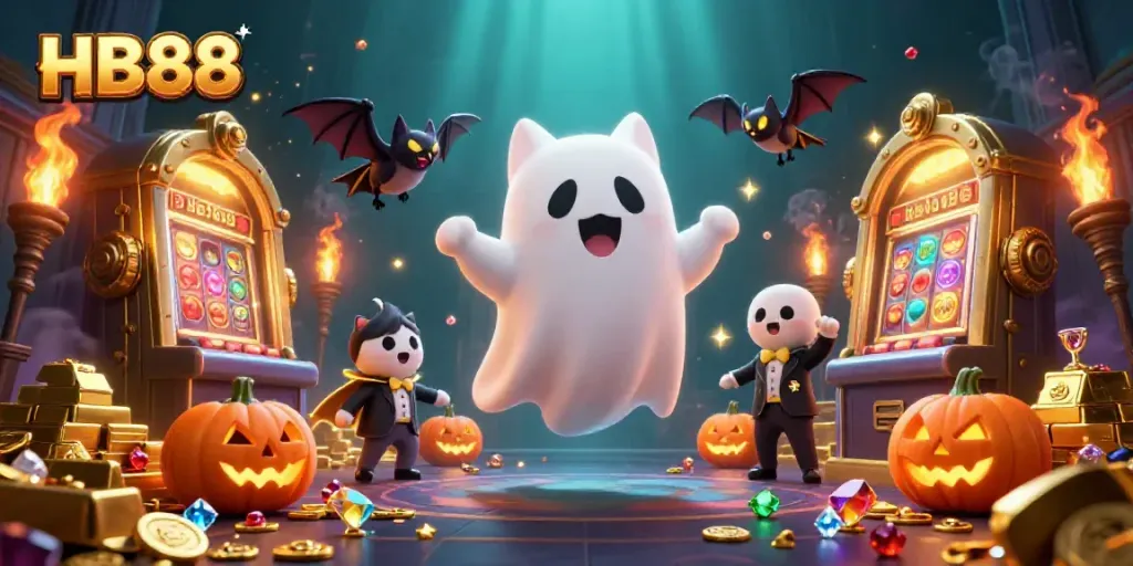 Experience the thrill of HB88 in a haunted casino with floating ghost cat, vampire bat, and treasures.