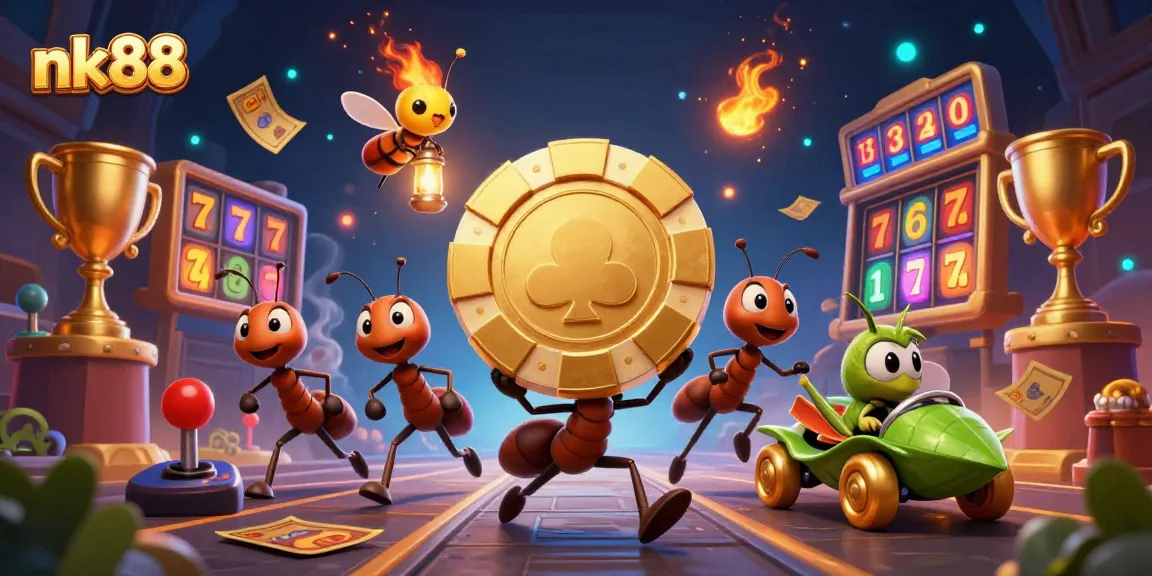 nk88 ant heist illustration with golden poker chip and game elements amidst glowing lights.