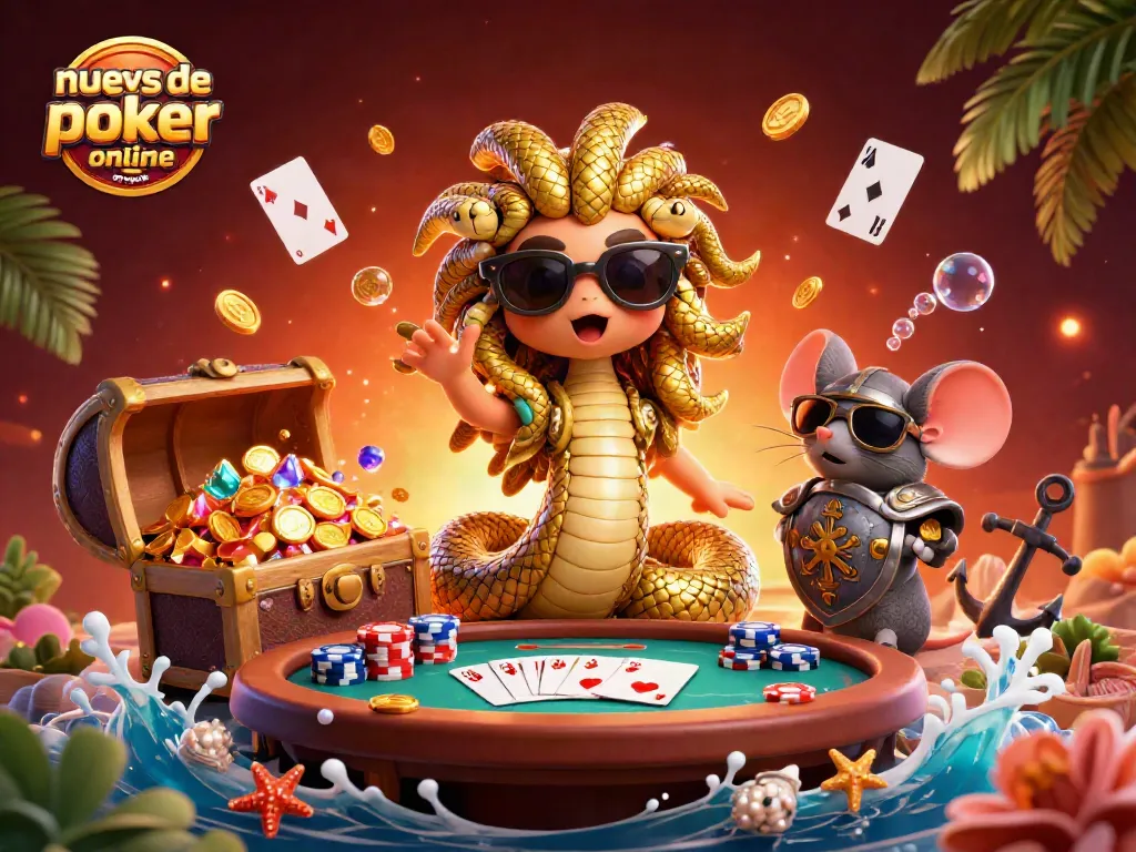 Ilustración en 3D de Medusa y un guerrero de piedra rodeados de nuevas salas de poker online en España.