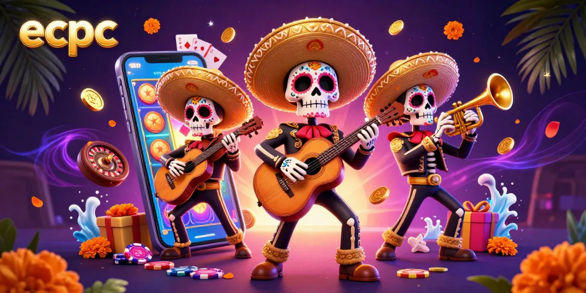 Experience thrilling gameplay at ecpc with a vibrant 3D casino scene featuring mariachis and slot machines.